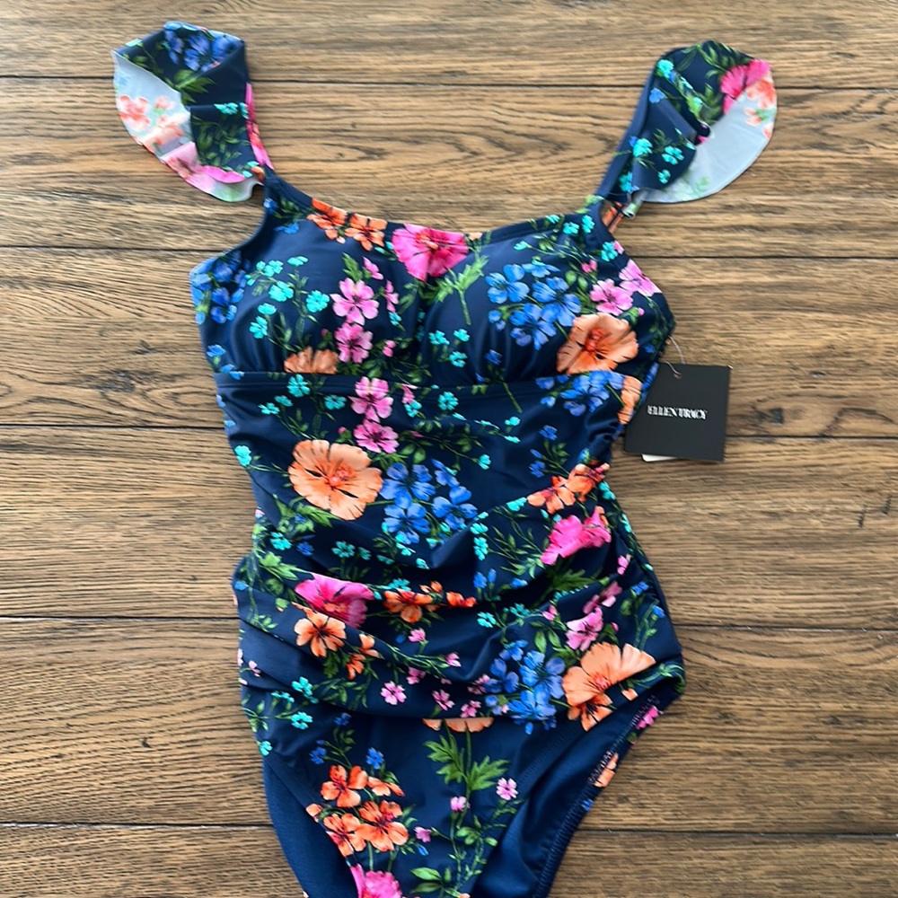 Ellen Tracy one piece swimsuit, navy, hot pink floral sz 10 NWT Tropical Ruched